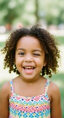 Joyful young girl winking and smiling outdoors.