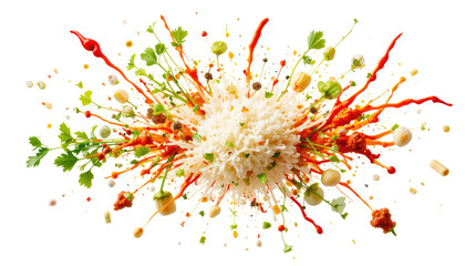 Vibrant paint splashes, featuring red, yellow, and green, create a dynamic watercolor grunge pattern with artistic ink drops and decorative textures on a white background