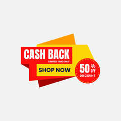 Cash back offer shop now with fifty percent discount promotion