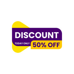 Purple and yellow discount tag with fifty percent off offer