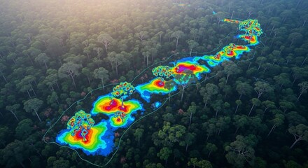 Aerial view of a forest with a colorful thermal map overlay, highlighting areas.