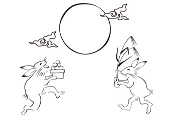 鳥獣戯画風月見の準備をするウサギのイラスト