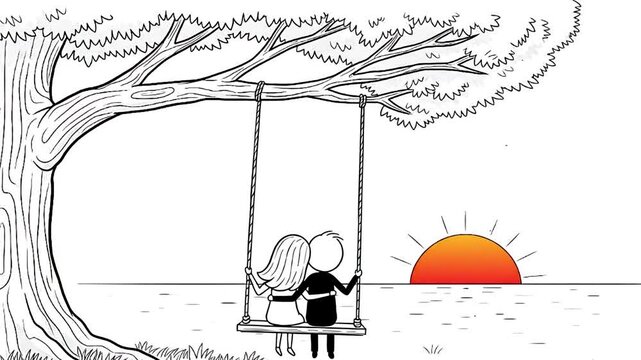 Animated Couple on Swing at Sunset: Romantic Outing Under a Tree by the Sea