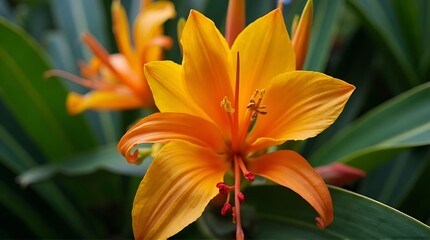 Fototapeta premium Close-up of a vibrant orange lily in full bloom, showcasing its delicate petals and intricate stamen against a backdrop of lush green foliage.