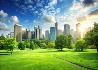 Obraz premium Nature scene of a park with green grass field in city