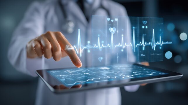 A doctor using a digital tablet with a heart rate monitor on the screen.
