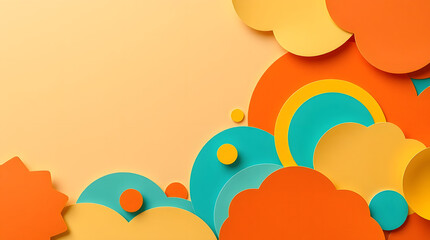 Abstract paper cut art with colorful cloud and sun shapes. Modern 3D layered background with copy space.