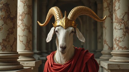 Mythical Goat with Golden Horns Wearing Red Cloak and Crown in Elegant Marble Hall