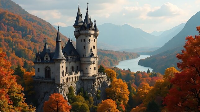 Majestic castle perched atop a cliff, surrounded by vibrant autumn foliage and a serene river valley.