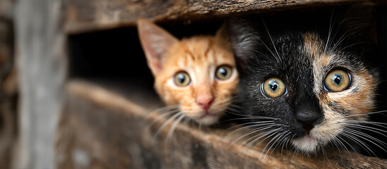 Creative animal template. Pair of Ginger and black cat kitten kitty peeking out curious from fence of rustic blurred backyard wooden farm shed. copy text space. long banner wallpaper	
