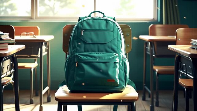 Green backpack on classroom chair. Books on desks. Warm, classroom lighting