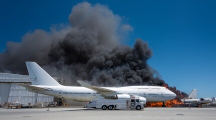 White airplane on fire at San Francisco airport with smoke rising from engine near hangar, emergency truck responding, another aircraft burning under blue sky