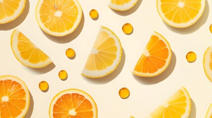 Obraz premium Sliced citrus fruits arranged artfully with small yellow capsules creating a vibrant, textured pattern.