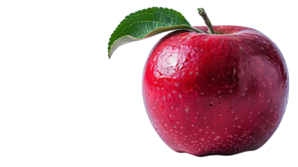Red apple with leaf sparkles. Fresh, vibrant fruit. Marketing, design, editorial, web use.