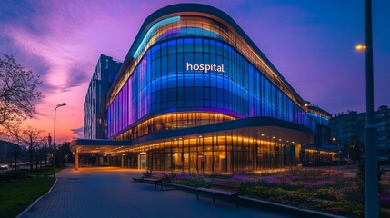 Fototapeta premium Modern hospital building illuminated with vibrant LED lights at twilight, combining futuristic architecture with healthcare innovation, surrounded by an urban landscape and evening sky reflections.