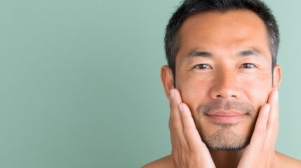 A smiling korean asian man touching his face, showing healthy, well-groomed skin. Concept of male beauty, skin care, cosmetic product.