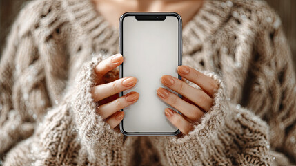 Mobile Phone Mockup: A person tenderly cradles a blank screen smartphone with a pristine, blank display, showcasing a potential user experience. A perfect visual for the technology lover. 