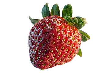 Ripe strawberry glistens on white background. Macro, food, fruit, fresh, bright, design, marketing, web.