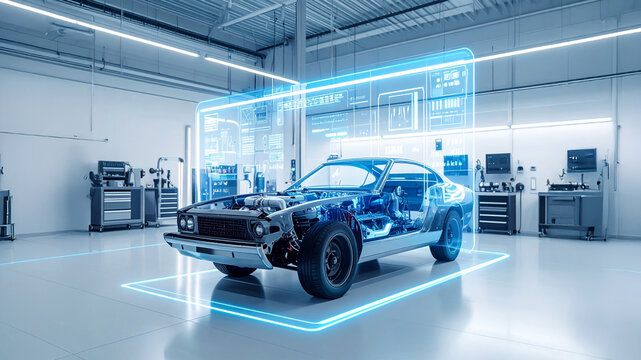  A vibrant blue holographic interface overlays a classic car's engine bay, displaying complex diagnostics in a pristine, modern garage. Perfect for illustrating cutting-edge automotive technology, rep - Powered by Adobe
