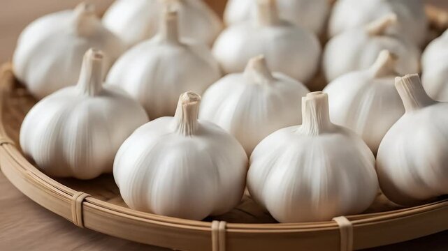Close-up of garlic bulbs in rustic woven tray with natural market lighting