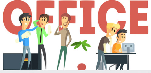 Business Vector Illustration Office New Client Deal - Team of People Featuring Collaborative Coworkers Engaged in a Project Discussion