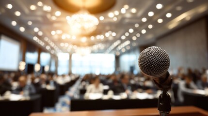 Microphone in a conference room with a blurred audience in the background.