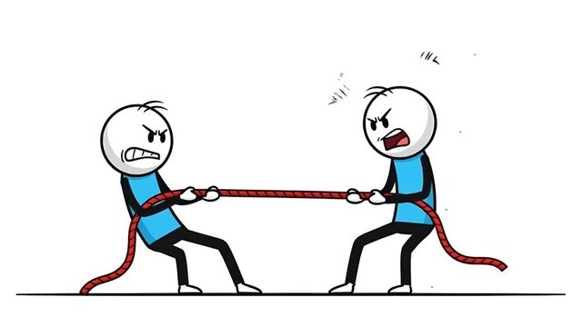 Animated Tug of War: Two Stick Figures in Intense Competition, Pulling Rope with Determination