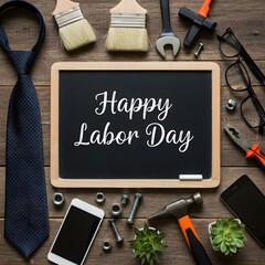 Happy Labor day on black chalkboard, wallpaper, Happy Labor day background, Flat lay of construction blue collar handy tools and white collar's accessories over wooden background	
