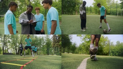 Split screen of young African American male coach training youth soccer team on outdoor field, practicing drills and ball dribbles - Powered by Adobe