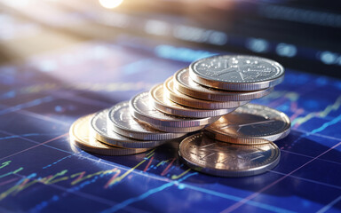 A close-up macro photograph of a stack of silver coins positioned diagonally on a blue digital financial chart background.