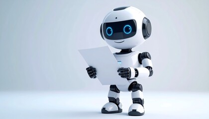 A small, friendly robot holding a sheet of paper