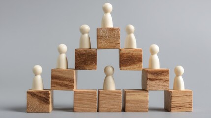A pyramid of wooden blocks with wooden figures on top, representing a hierarchical structure.