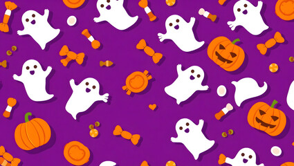 Cute Halloween seamless pattern with cartoon ghosts, spooky jack-o'-lanterns, and sweet candy on a vibrant purple background.