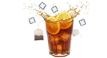 Refreshing Iced Tea Drink With Citrus Slices Ice Cubes And Tea Bags Against A Transparent Background