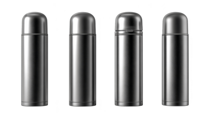 A set of four dark, metallic thermoses with a sleek, minimalist design, ideal for keeping beverages at desired temperatures.