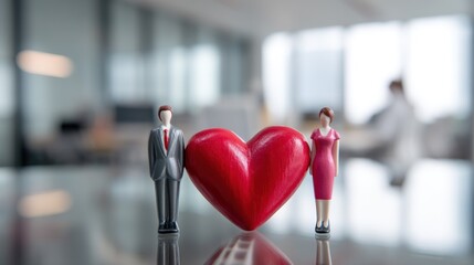 Two figurines of a man and a woman standing in front of a red heart.
