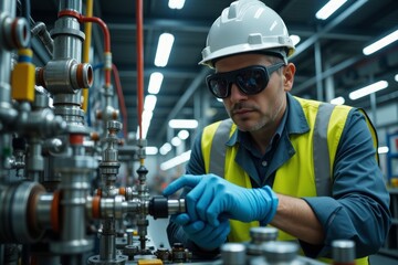 Fototapeta premium Industrial worker examines complex machinery.