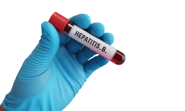 Hand In Blue Glove Holding A Test Tube With Hepatitis B Label In Transparent Background
