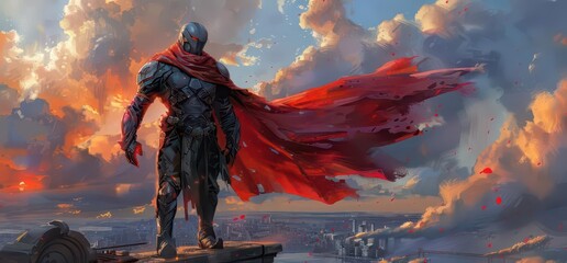 A heroic figure in a dramatic landscape, wearing a cloak and armor, overlooking a cityscape.
