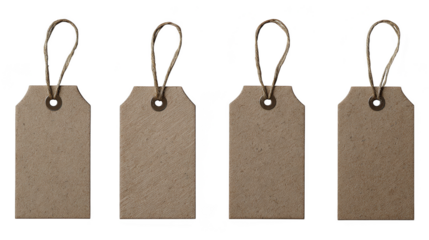 Four tags on a black background, study in texture, contrast, and minimalist design.