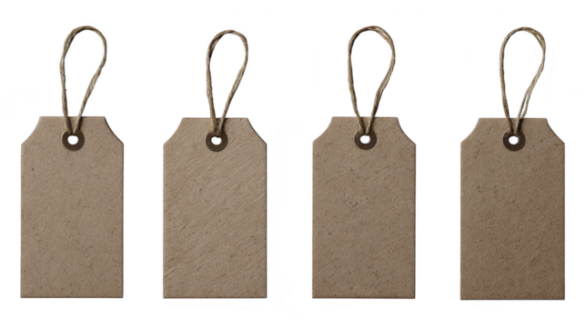 Four tags on a black background, study in texture, contrast, and minimalist design.