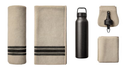 Closeup of towel, bottle, and lighter, essential items for travel, beach, or daily use.