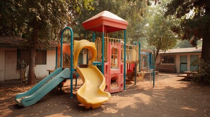A colorful playground with a slide and a small house in the background.