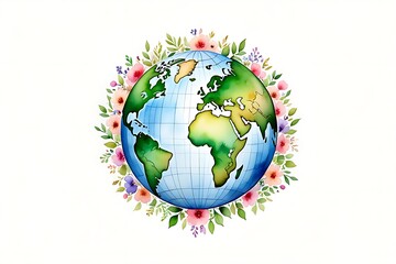 Watercolor painting of planet earth surrounded by a vibrant floral wreath symbolizing environmental protection and nature s beauty