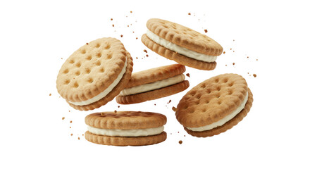 Floating Cream Filled Sandwich Cookies On Transparent Background With Golden Yellow Brown Color and Visible Crumbs