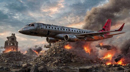 Realistic commercial airplane falling from sky in flames during epic war scene, tail already crashed into ground, surrounded by thick smoke and burning rubble under dramatic atmosphere