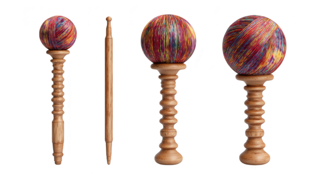 Pair of wooden mallets wrapped in yarn, tools for crafting and hobby projects yarn.