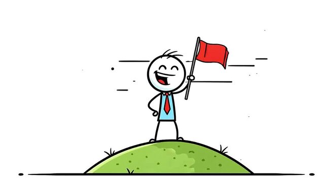 Joyful Stick Figure Celebrates Success Atop Hill with Red Flag