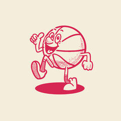 Groovy basketball sport ball character in retro cartoon. Mascot, vector, icon, colection, sticker, vintage, illustration, set, funny, logo, comic, vintage, line art, logo