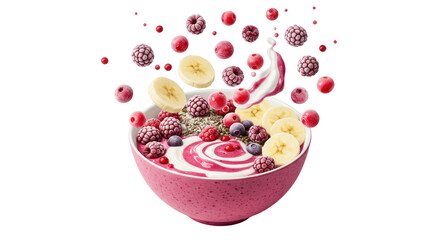 Vibrant Fruit Bowl Display with Assorted Berries Banana Slices and White Swirls against a Transparent Background